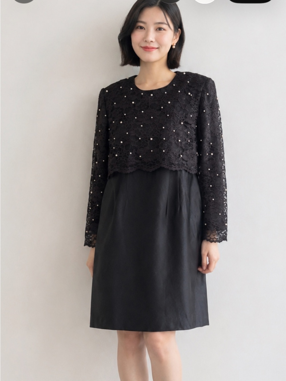 Vintage 80’s Leslie Fay Black Dress with Lace and Faun Pearl Details